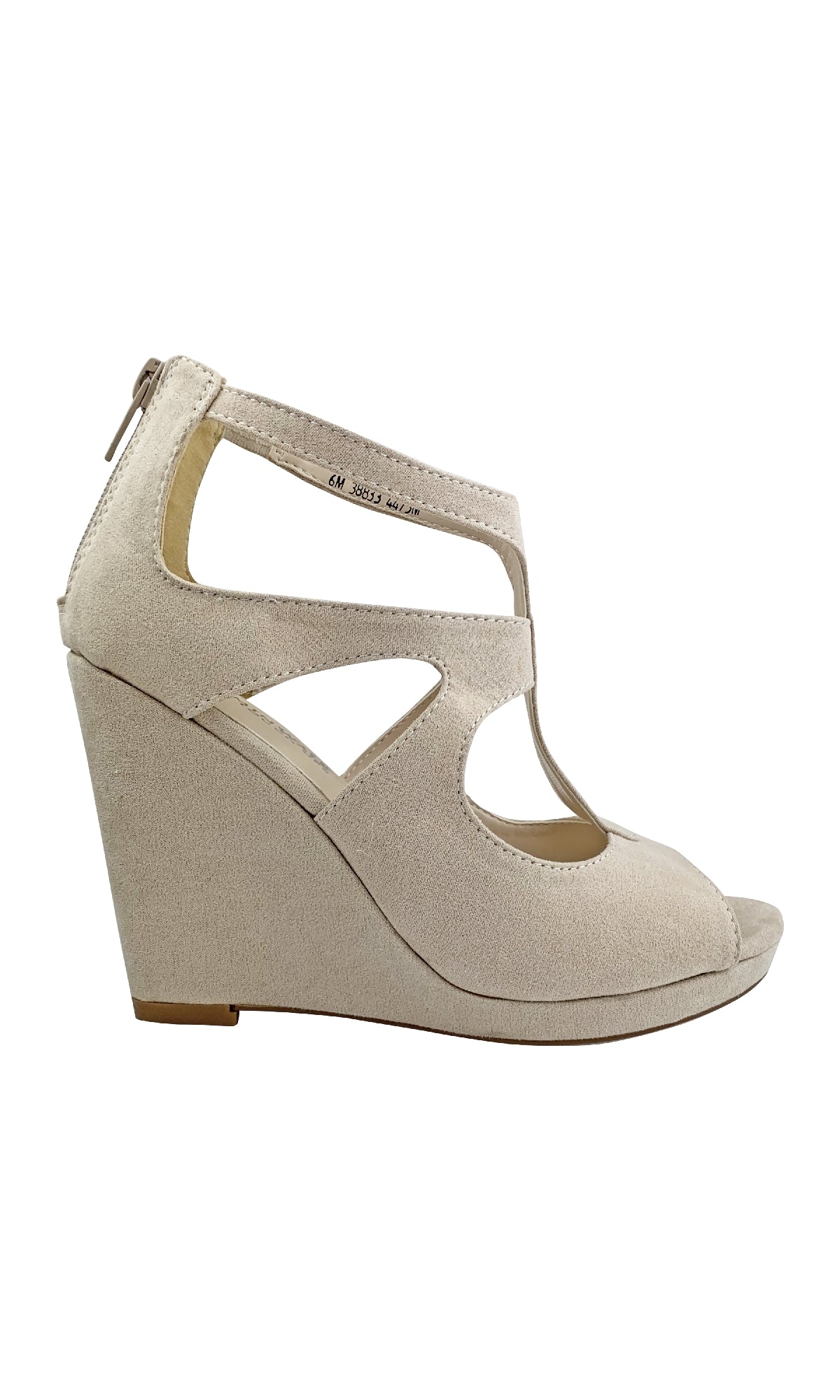 Rory Beige Wedge Prom Shoes: Touch Ups 4475—beige high-heel wedges with cut-out design, closed heel, ankle strap, and peep toe—make stylish open-toe prom shoes. Shown on a white background.